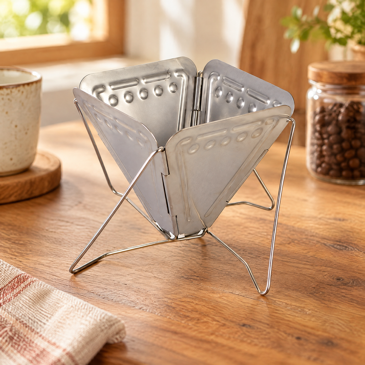Roam Folding Coffee Drip Rack detail: Roam Folding Coffee Drip Rack: perforated panels and folding support
