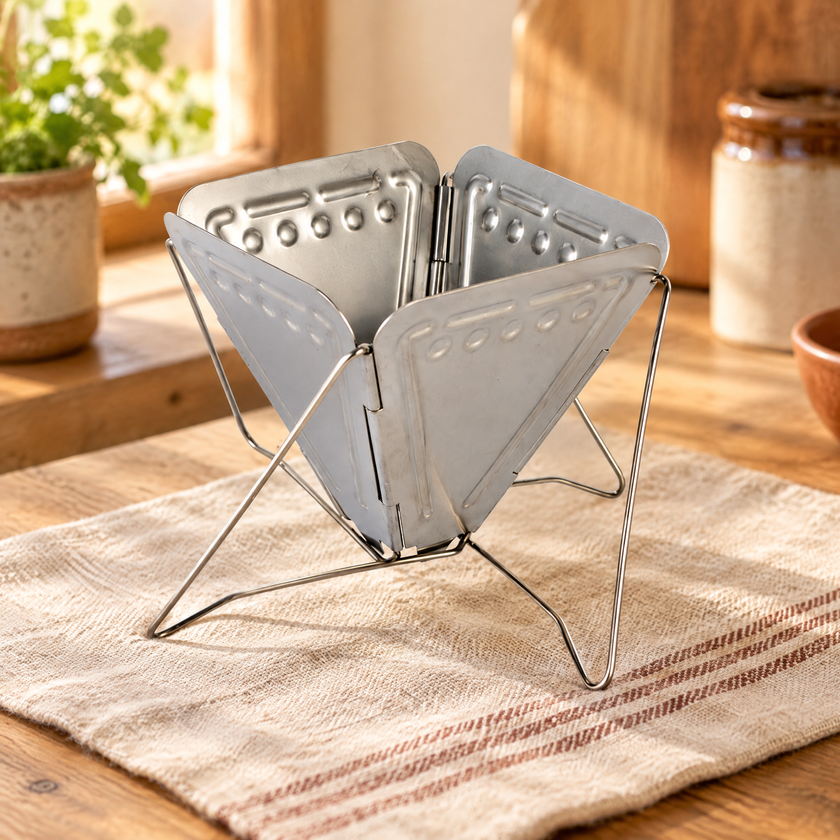 Roam Folding Coffee Drip Rack hero: Roam Folding Coffee Drip Rack: the opened folding metal rack