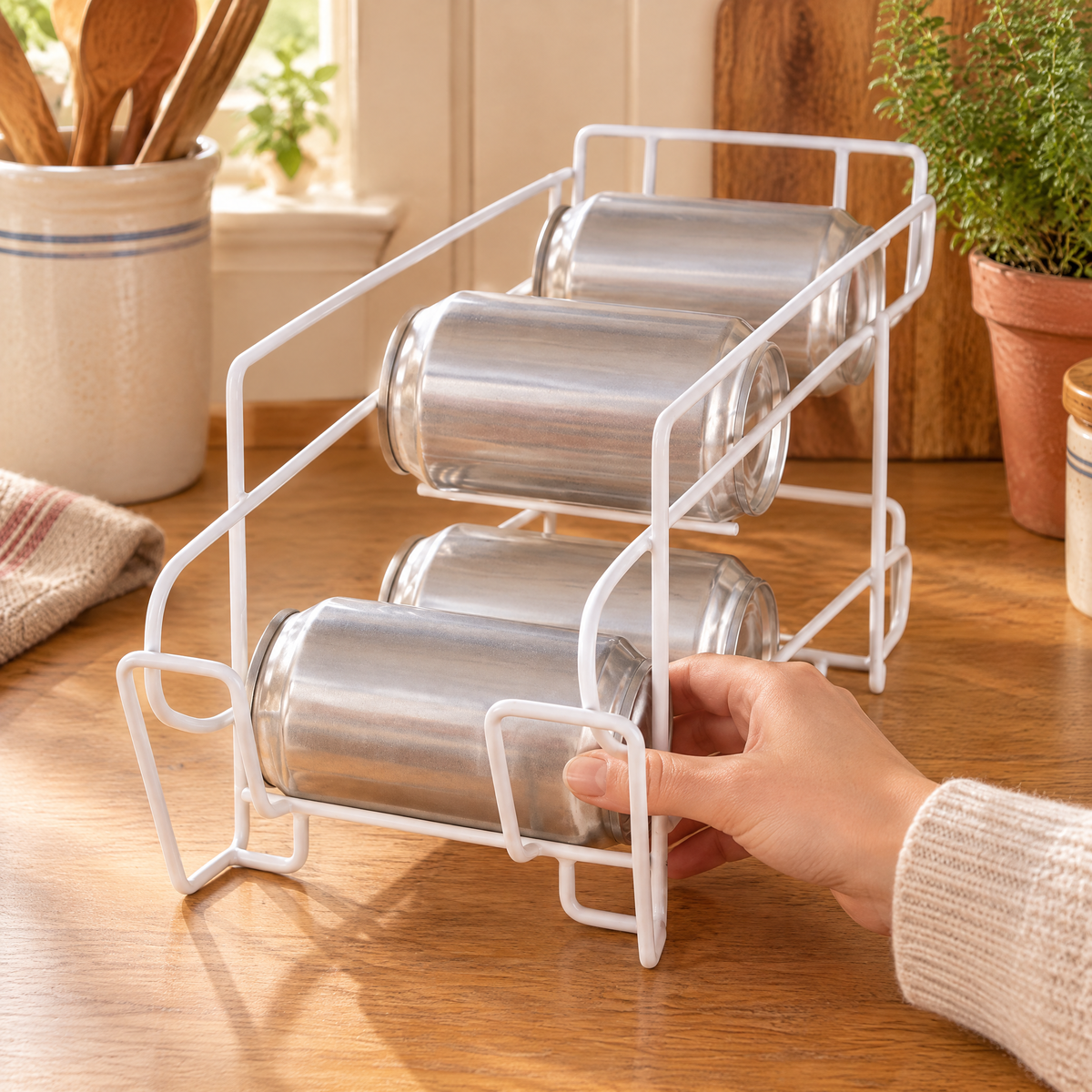 Roll Two-Level Can Rack use: Hand reaching the front can while the whole rack remains visible