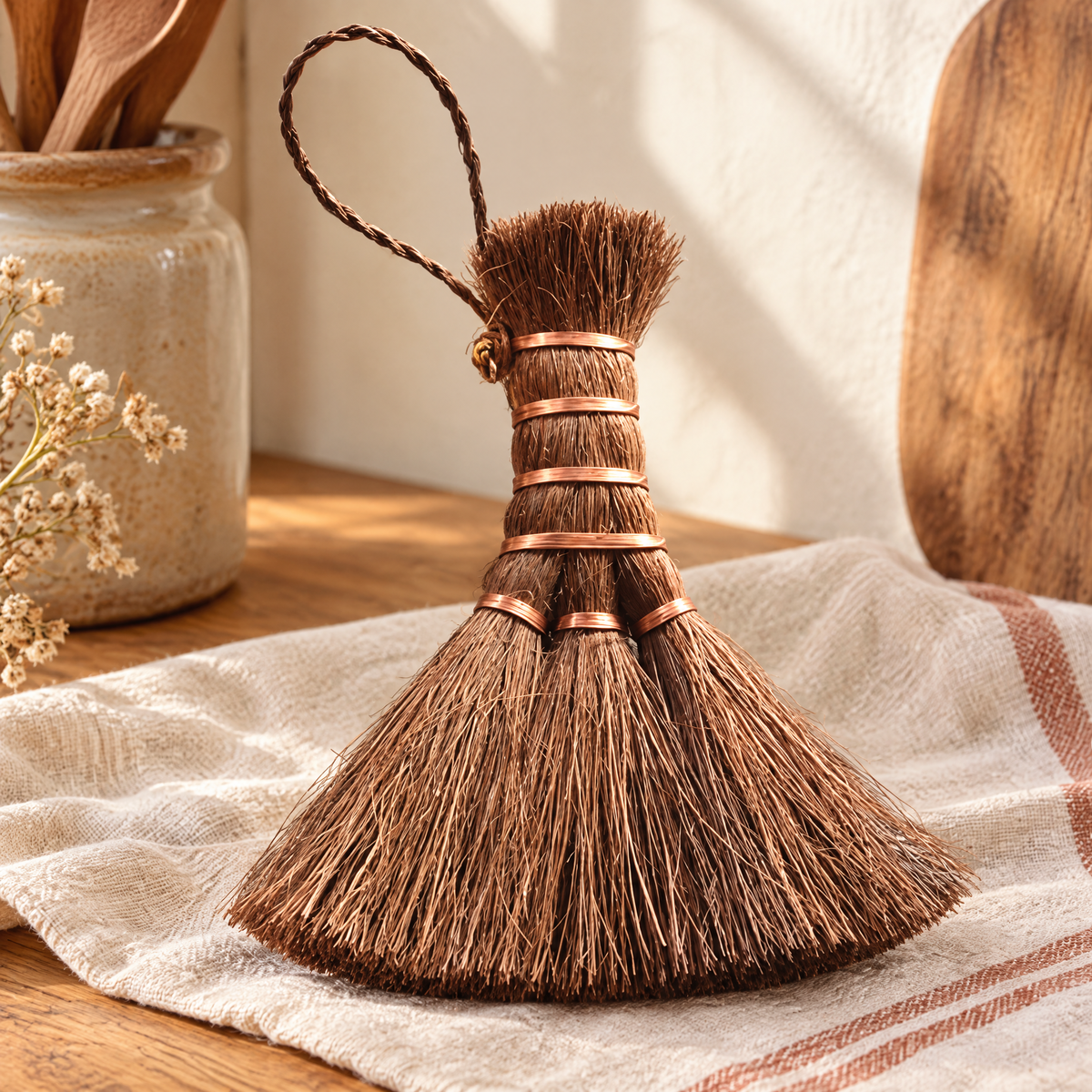 Rose Hand Broom detail: Rose’s bundled grip and copper-toned bindings