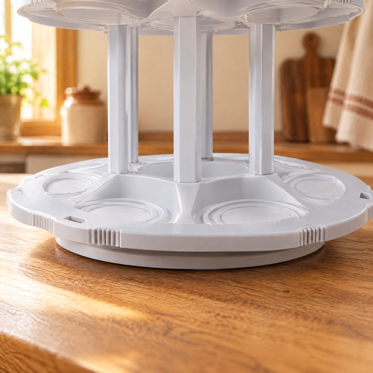 A close view of the molded circular seats, scalloped edges and upright supports.