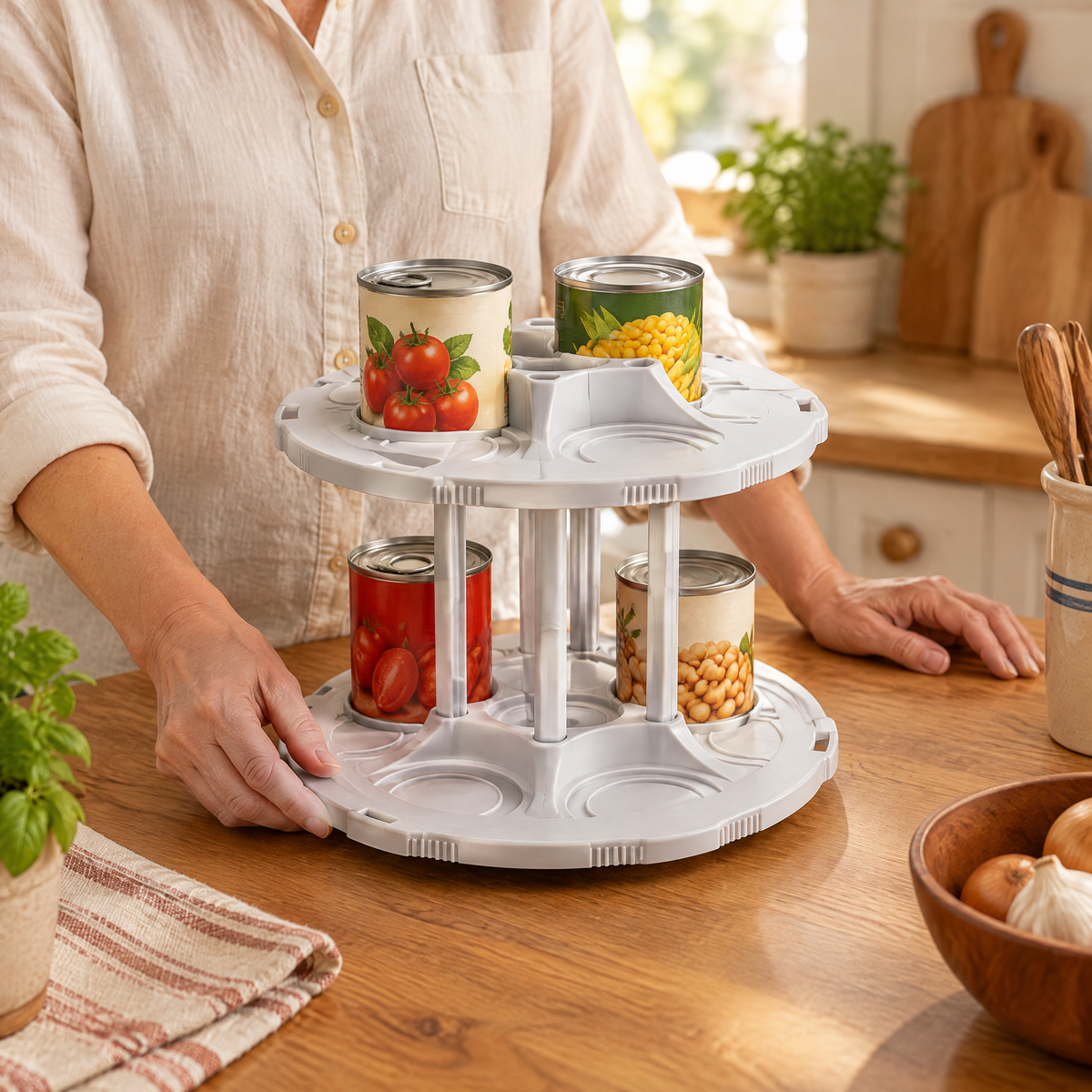 Round Two-Tier Can Carousel use: Turn the loaded group gently.