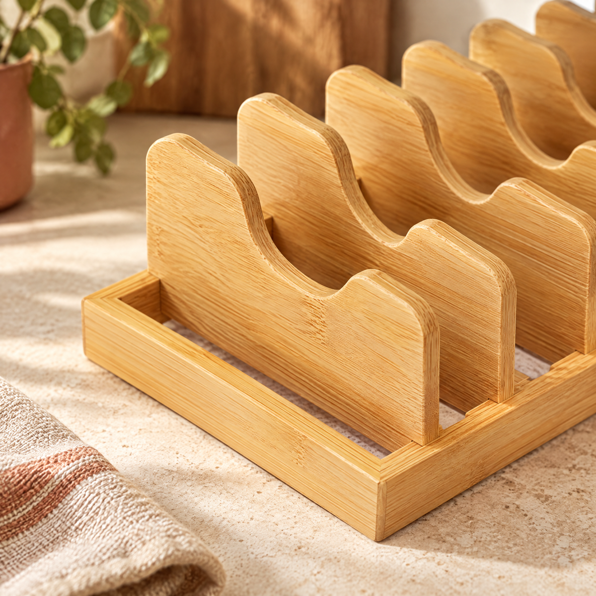 A close view of the scalloped wooden panels and their connection to the open base rail.