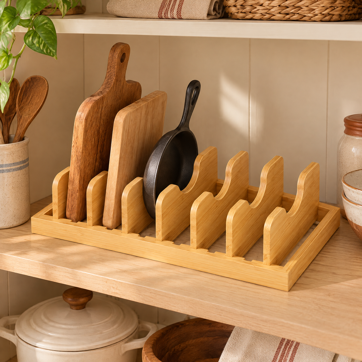 Row Wooden Pan and Board Rack story: Row Wooden Pan and Board Rack — the everyday setting