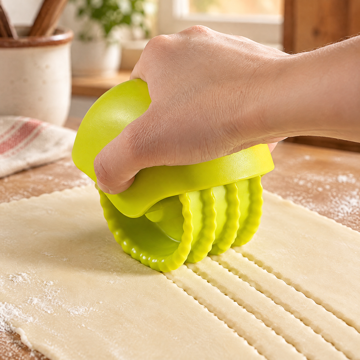 Ruffle Three-Wheel Pastry Cutter use: Ruffle Three-Wheel Pastry Cutter: a controlled palm-led dough pass