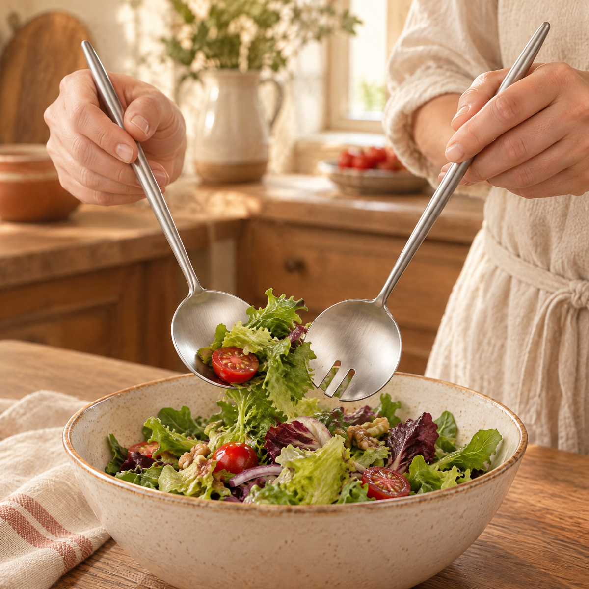 Salad Stainless Serving Pair use: Two hands using the Salad spoon and fork to support one suitable salad portion