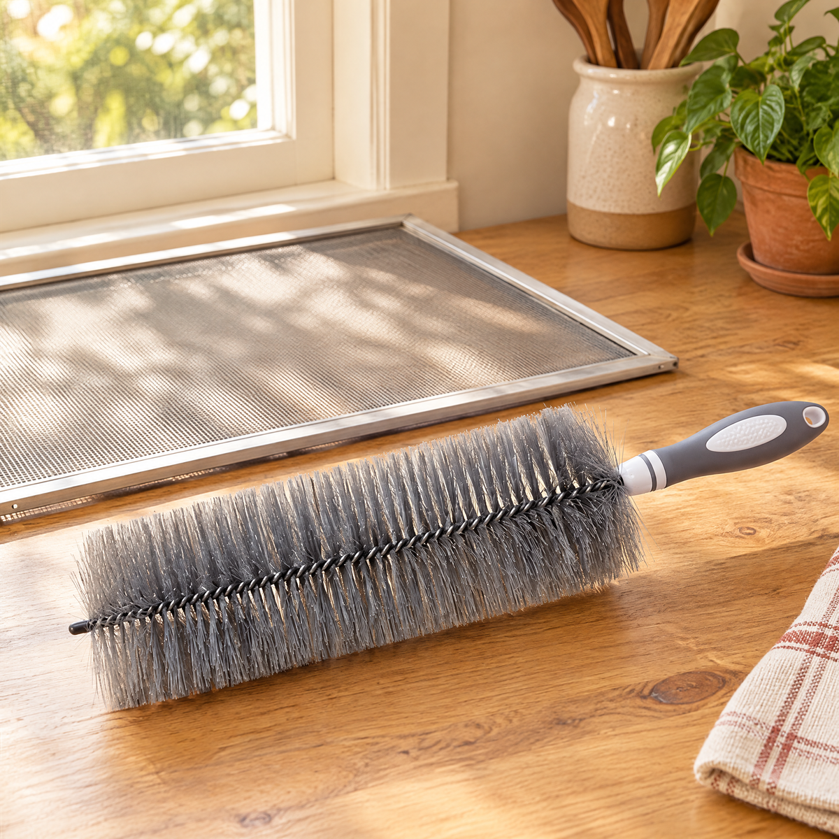 Screen Cleaning Brush story: Screen beside a supported removed window screen