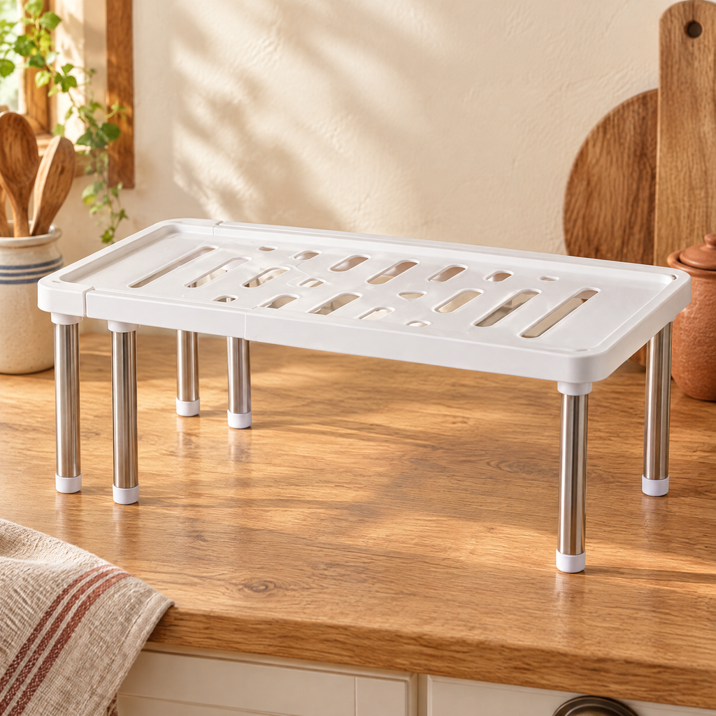 Second Shelf Cabinet Riser detail: Second Shelf showing its overlapping white top and adjustable width