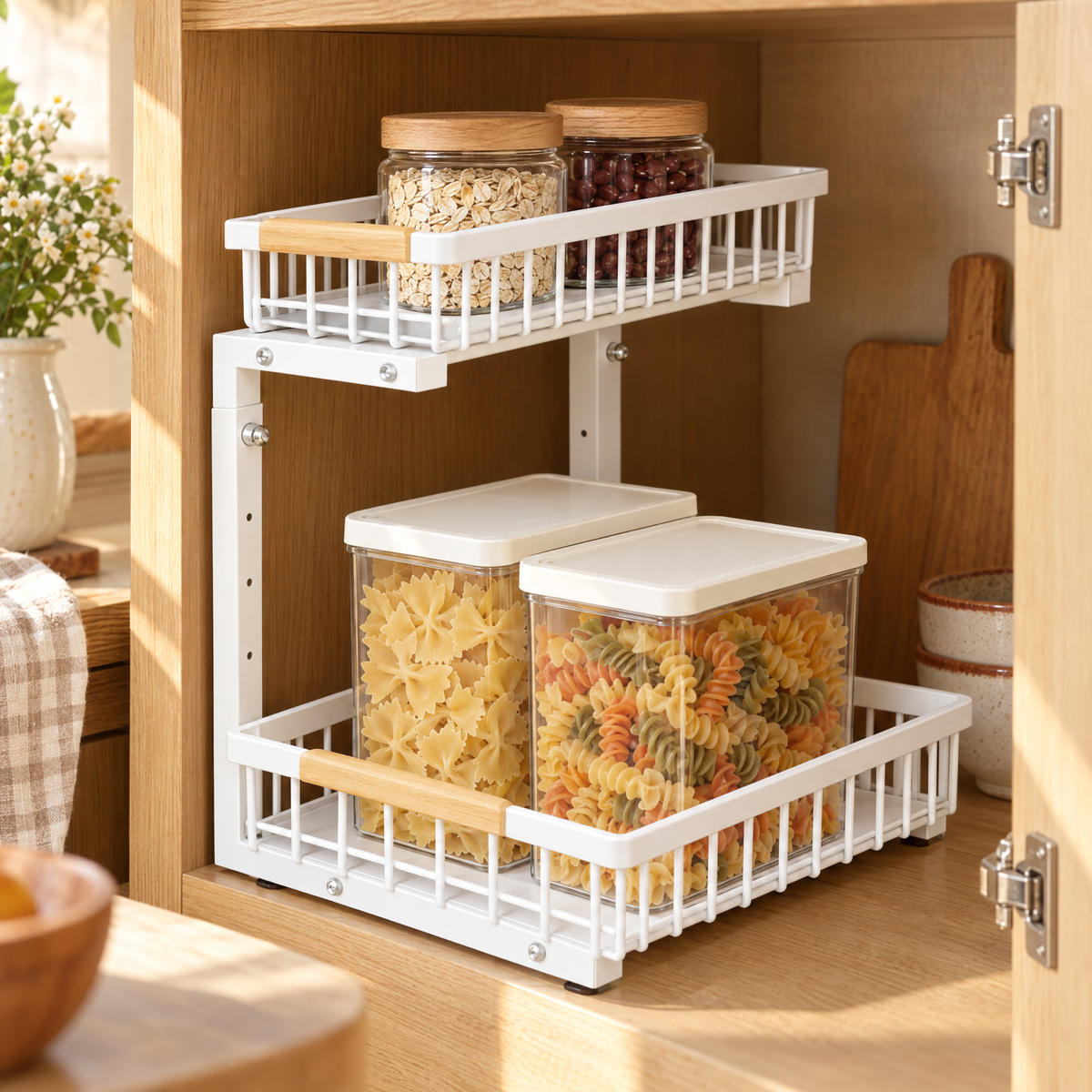Shelf Two-Level Sliding Cabinet Rack — the everyday setting