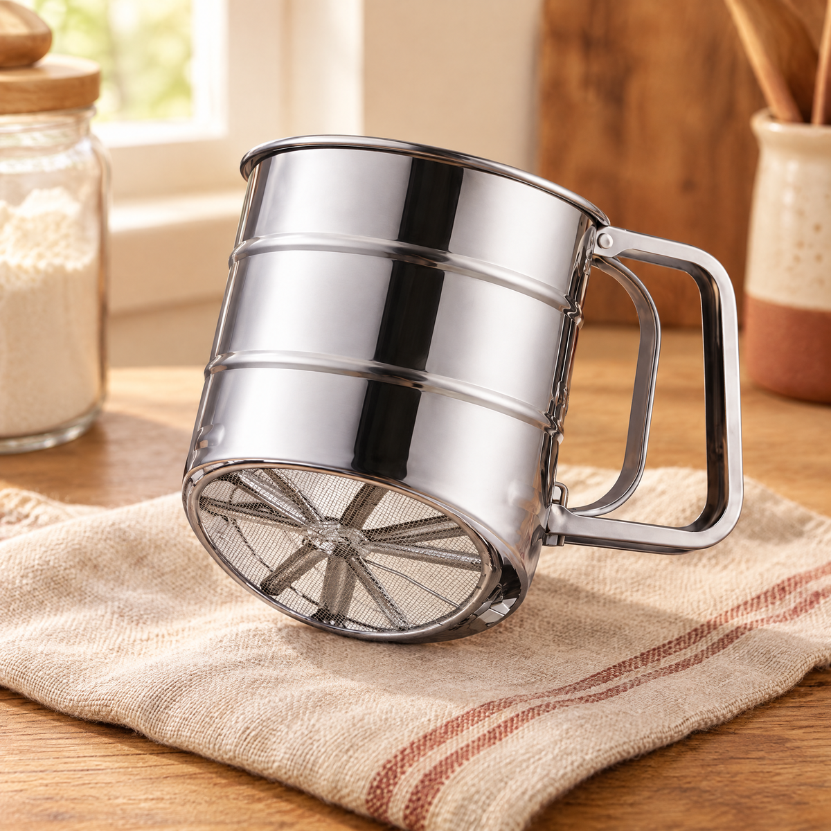 Sift Hand Flour Sifter detail: Sift Hand Flour Sifter: fixed lower mesh and real squeeze lever