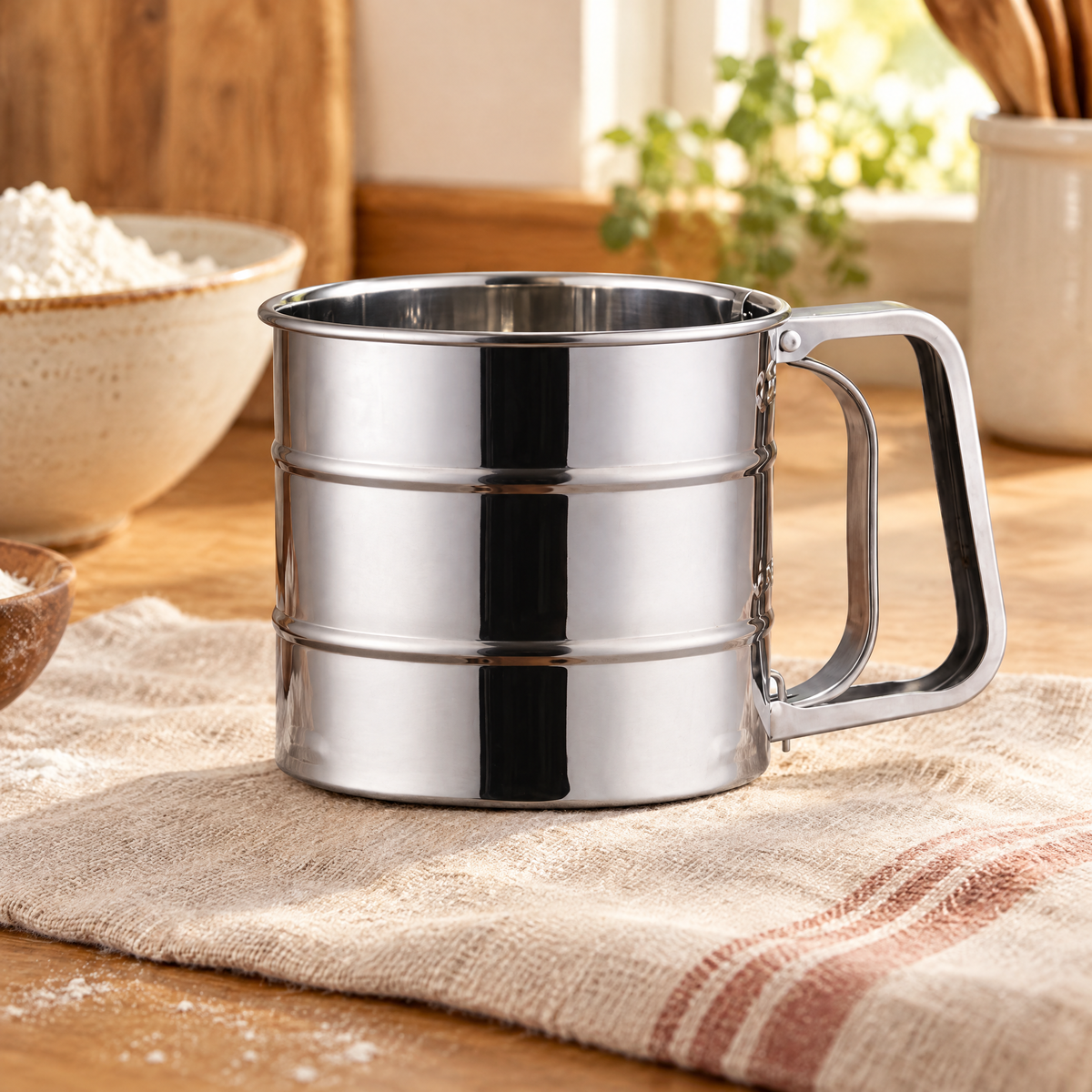 Sift Hand Flour Sifter hero: Sift Hand Flour Sifter: whole hand-operated metal cup