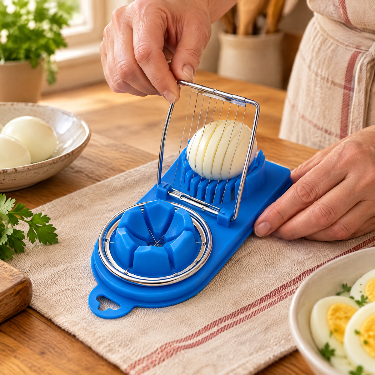 Slice Blue Two-Section Egg Cutter use: Slice Blue Two-Section Egg Cutter: hand-guided cooked-egg slices