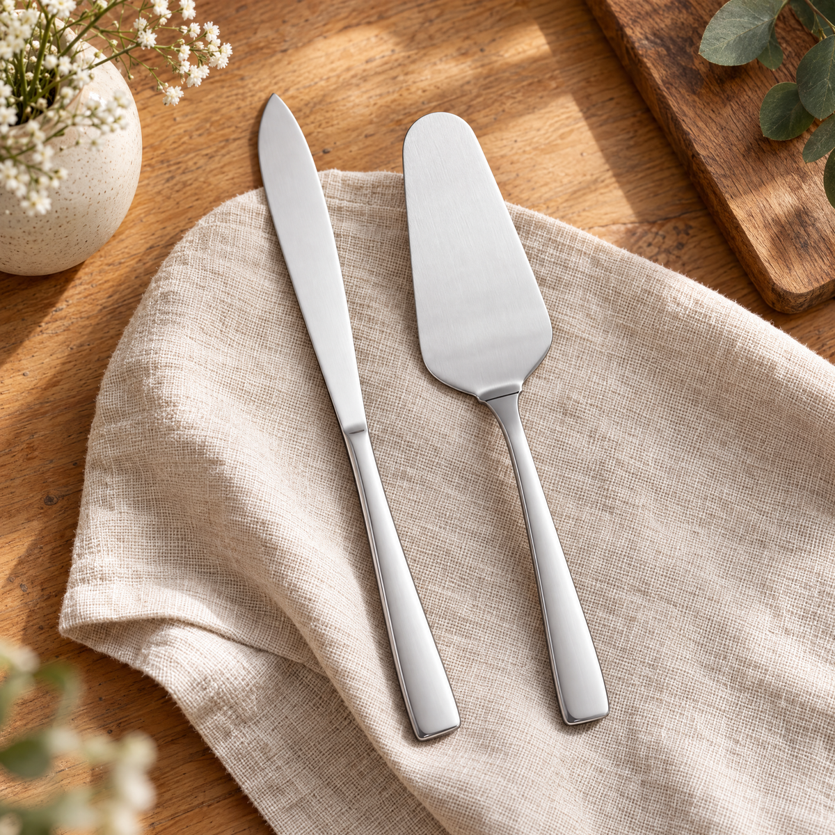Slice Silver Cake Serving Set detail: The narrow knife and broad rounded server in the complete Slice pair