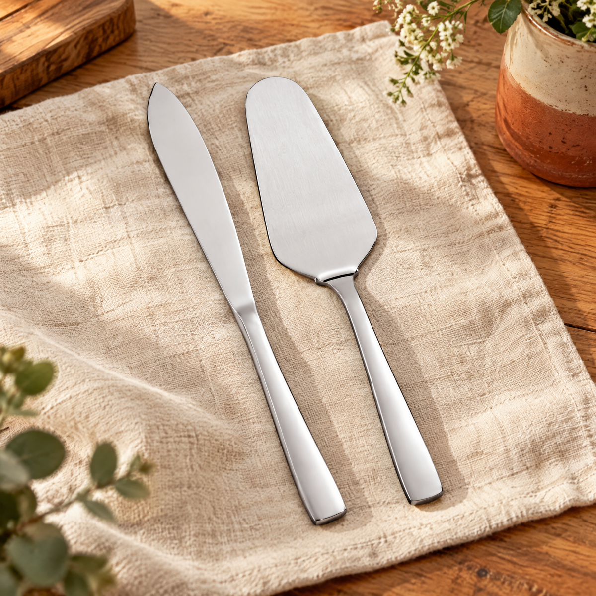 Slice Silver Cake Serving Set hero: Complete plain silver Slice cake knife and matching server