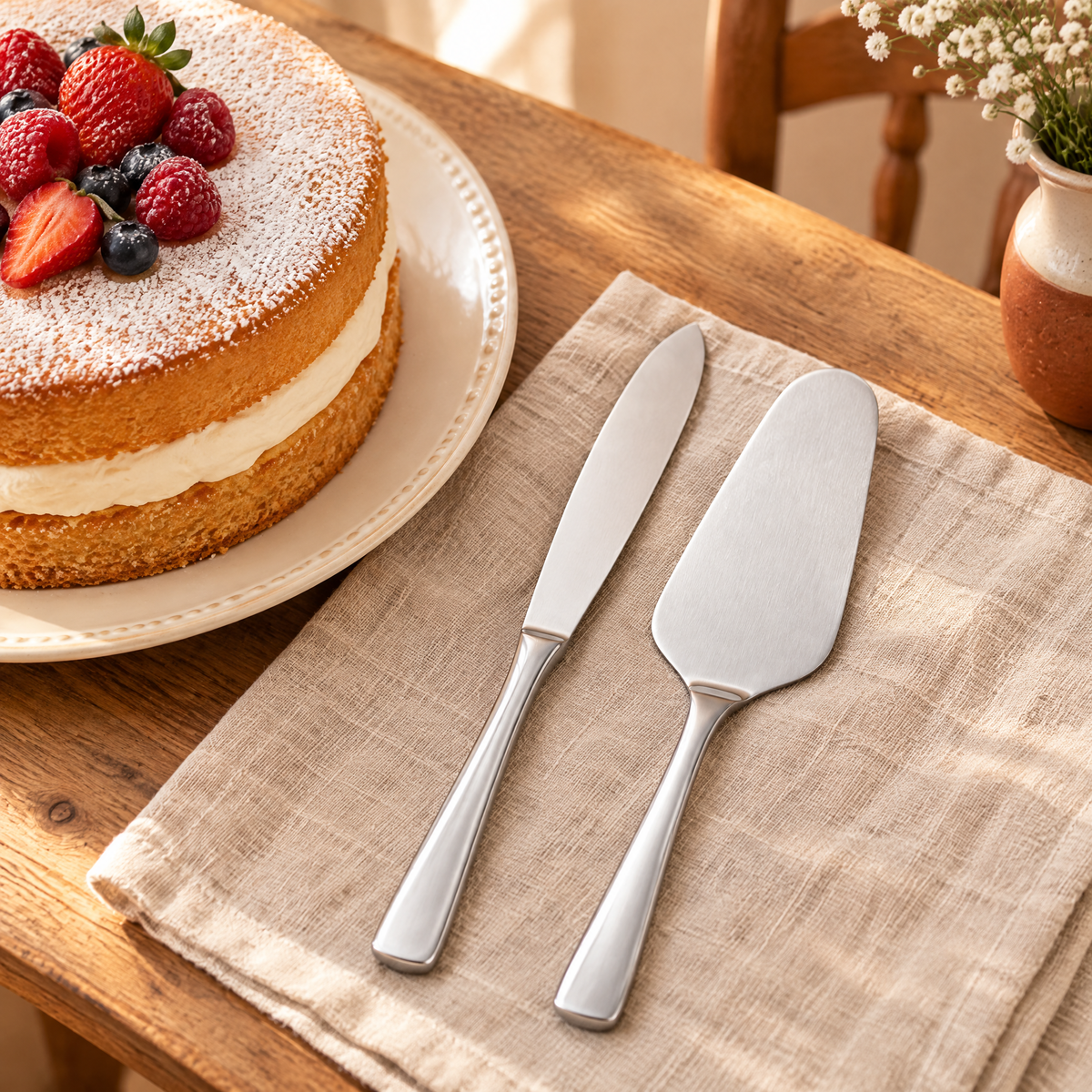 Slice Silver Cake Serving Set story: Slice silver pair beside a simple cake at the table