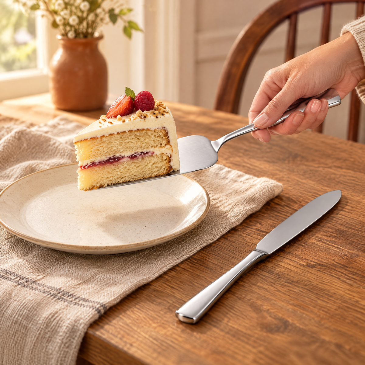 Slice Silver Cake Serving Set use: One hand supporting a small cake slice on the Slice server with knife resting nearby