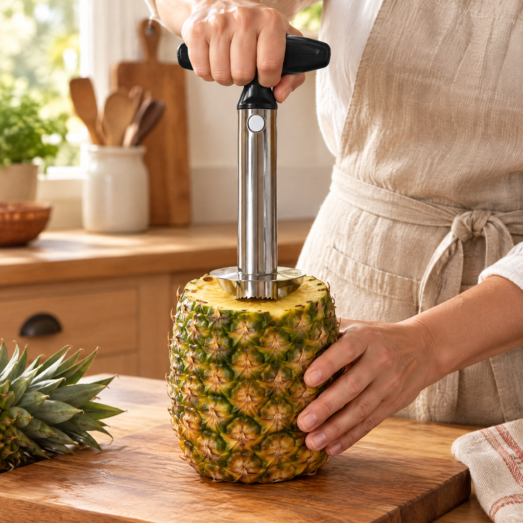 Spiral Black-Handle Pineapple Corer use: Spiral Black-Handle Pineapple Corer: a steady hand-led pineapple step