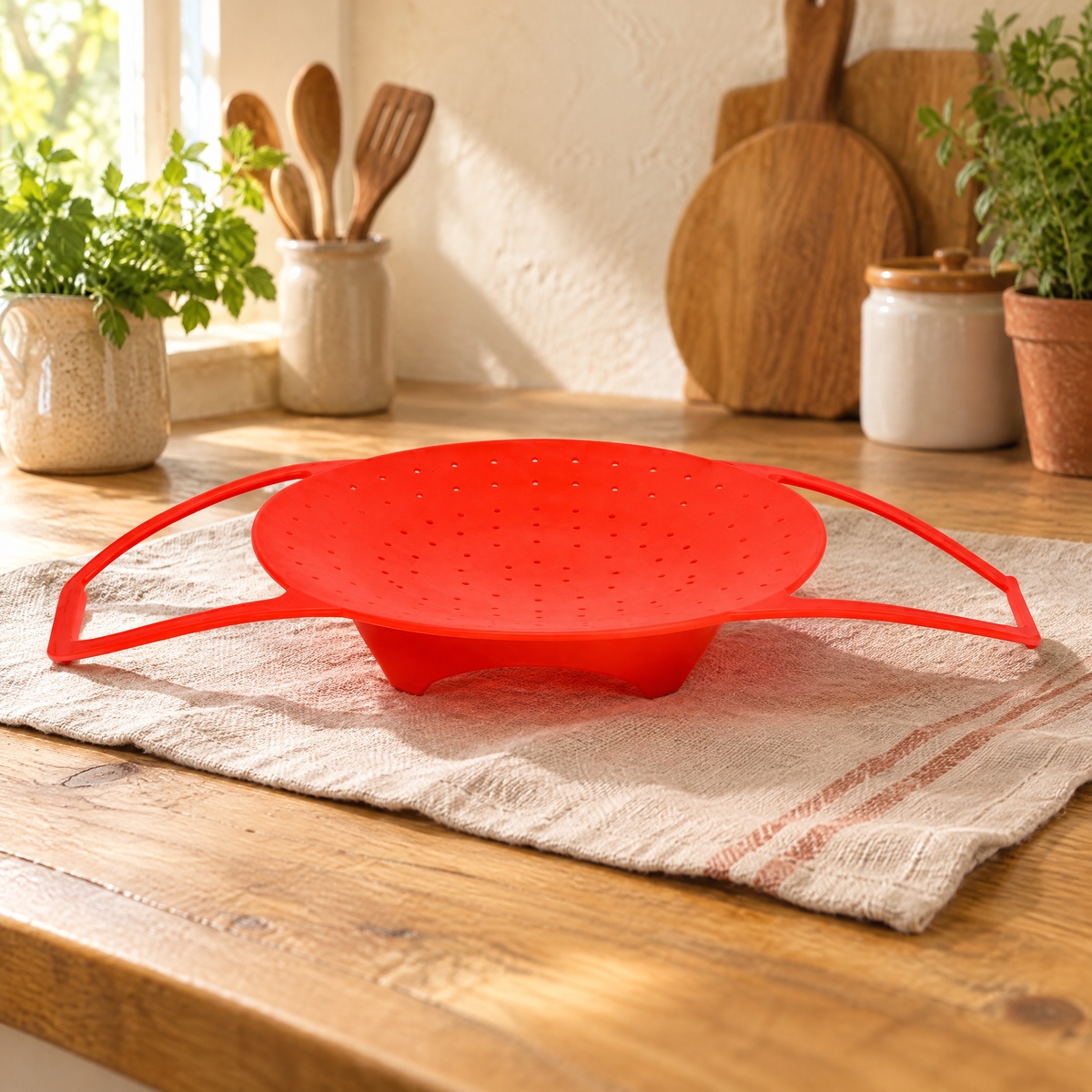 Steam Silicone Steamer Basket hero: Steam Silicone Steamer Basket: whole red basket with two loop handles