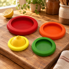 Stretch Four Produce Covers story: One yellow cover around suitable lemon half with three covers beside