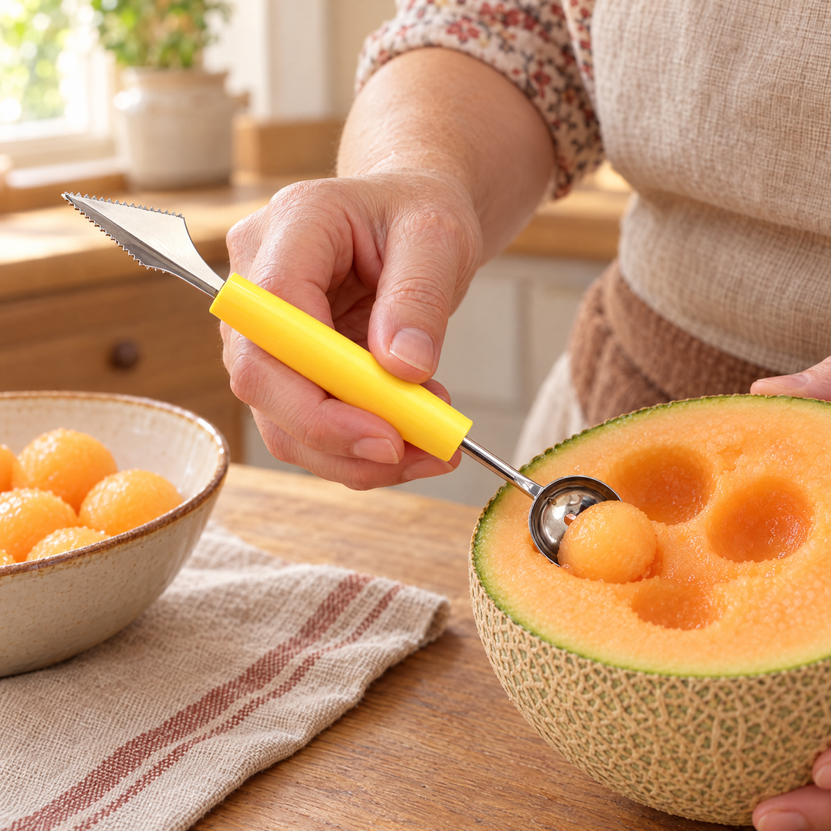 Sunny Yellow Melon Tool use: Sunny Yellow Melon Tool: a hand-guided melon scoop
