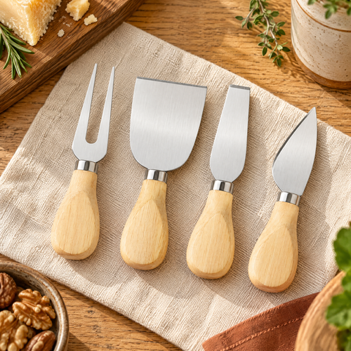 Supper Cheese Knife Set hero: Complete four-piece Supper cheese utensil set with three knives and one fork