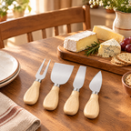 Supper Cheese Knife Set story: Supper cheese utensils beside a welcoming cheese board on an oak table