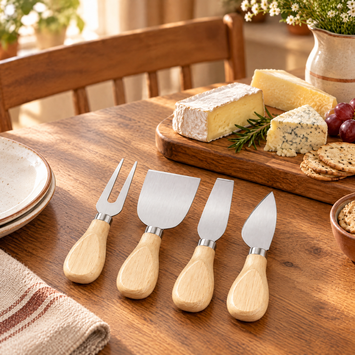 Supper Cheese Knife Set story: Supper cheese utensils beside a welcoming cheese board on an oak table