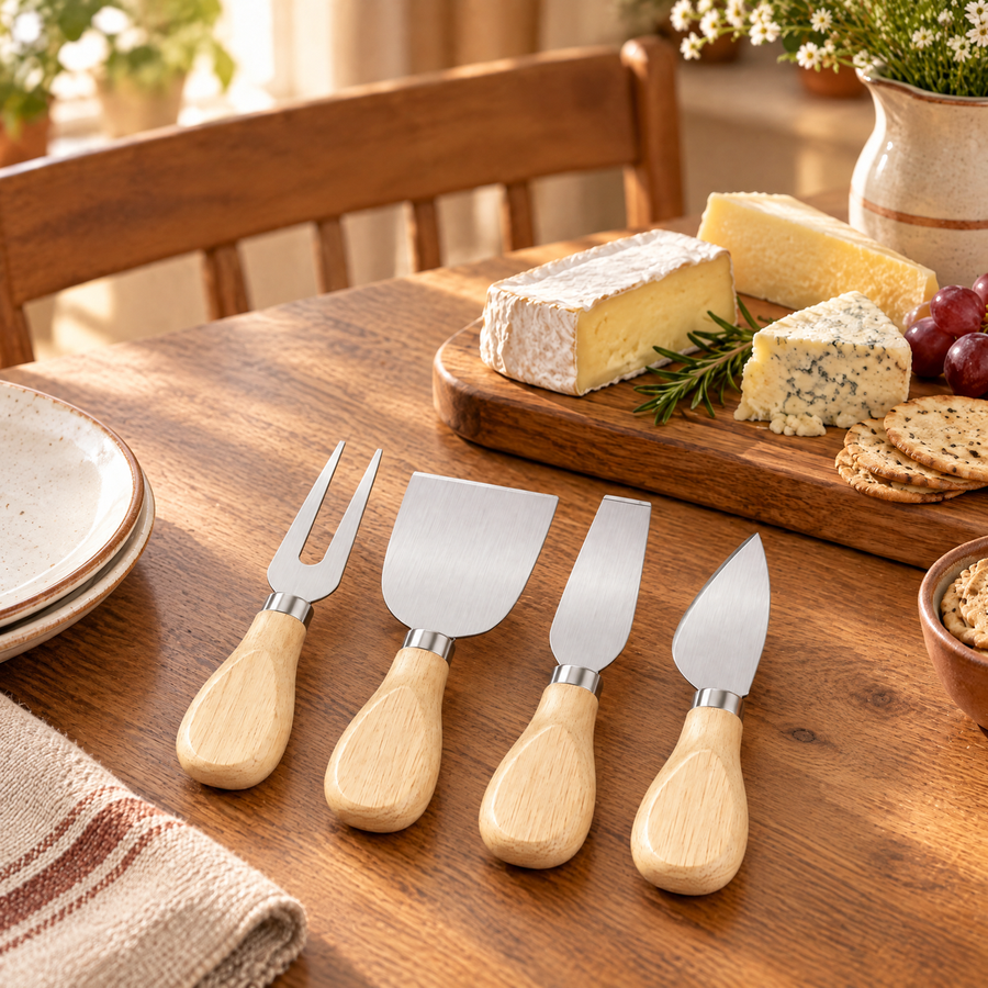 Complete four-piece Supper set beside cheese and crackers on a stable wooden board