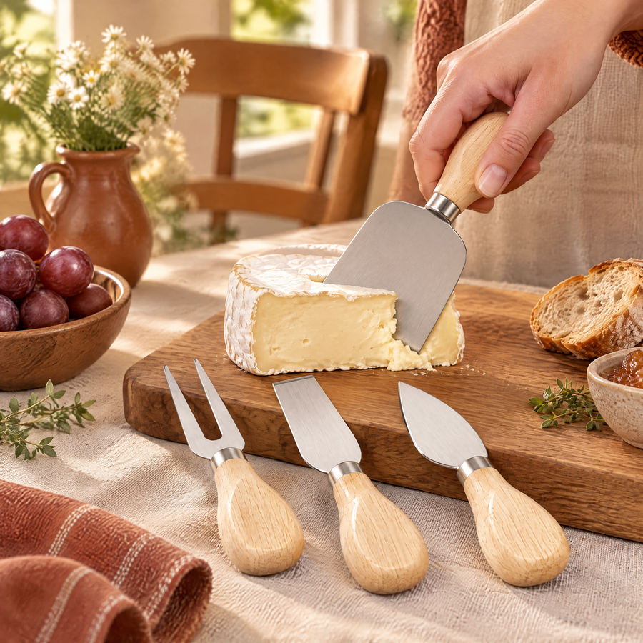 A hand guiding one Supper knife against cheese on a board with the other three utensils nearby