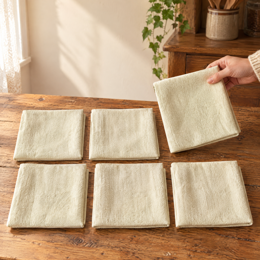 Supper Cloth Napkin Set use: One Supper napkin being folded with five matching cloths nearby