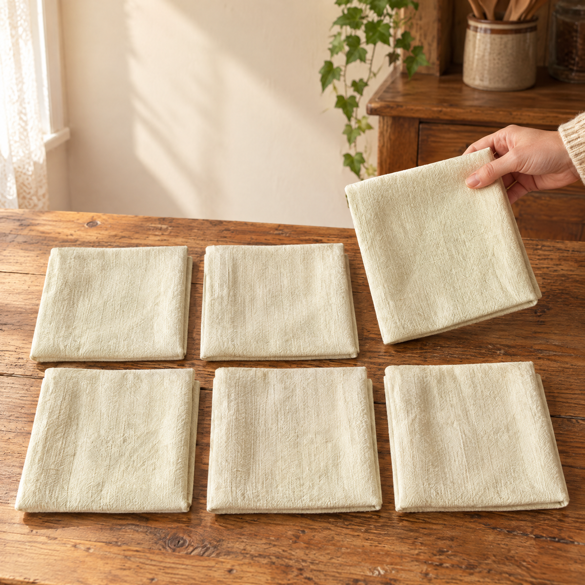 Supper Cloth Napkin Set use: One Supper napkin being folded with five matching cloths nearby