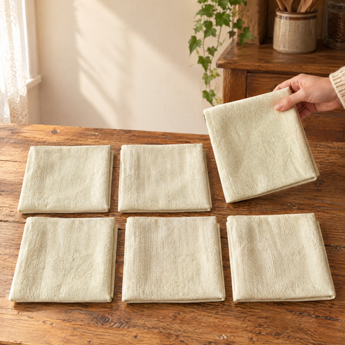 Supper Cloth Napkin Set use: One Supper napkin being folded with five matching cloths nearby