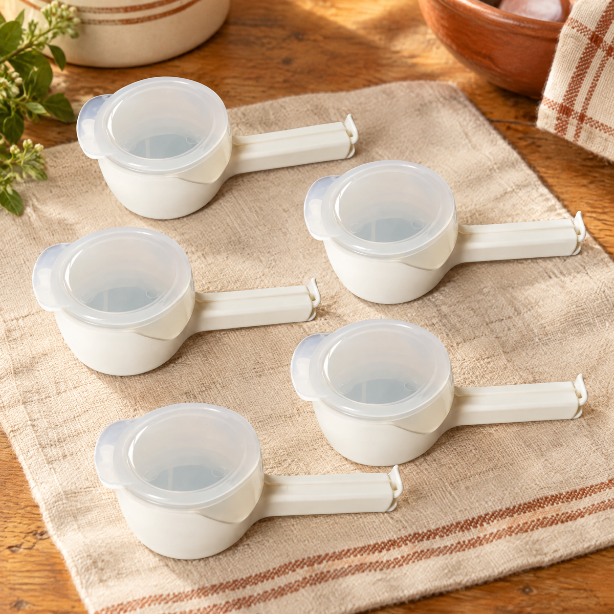 Tidy Pouring Clip Set hero: Five white Tidy pouring clips with round translucent flip caps and long clamping bars