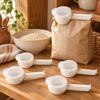 Tidy Pouring Clip Set story: One Tidy clip closing a plain rice bag while the four remaining clips wait nearby