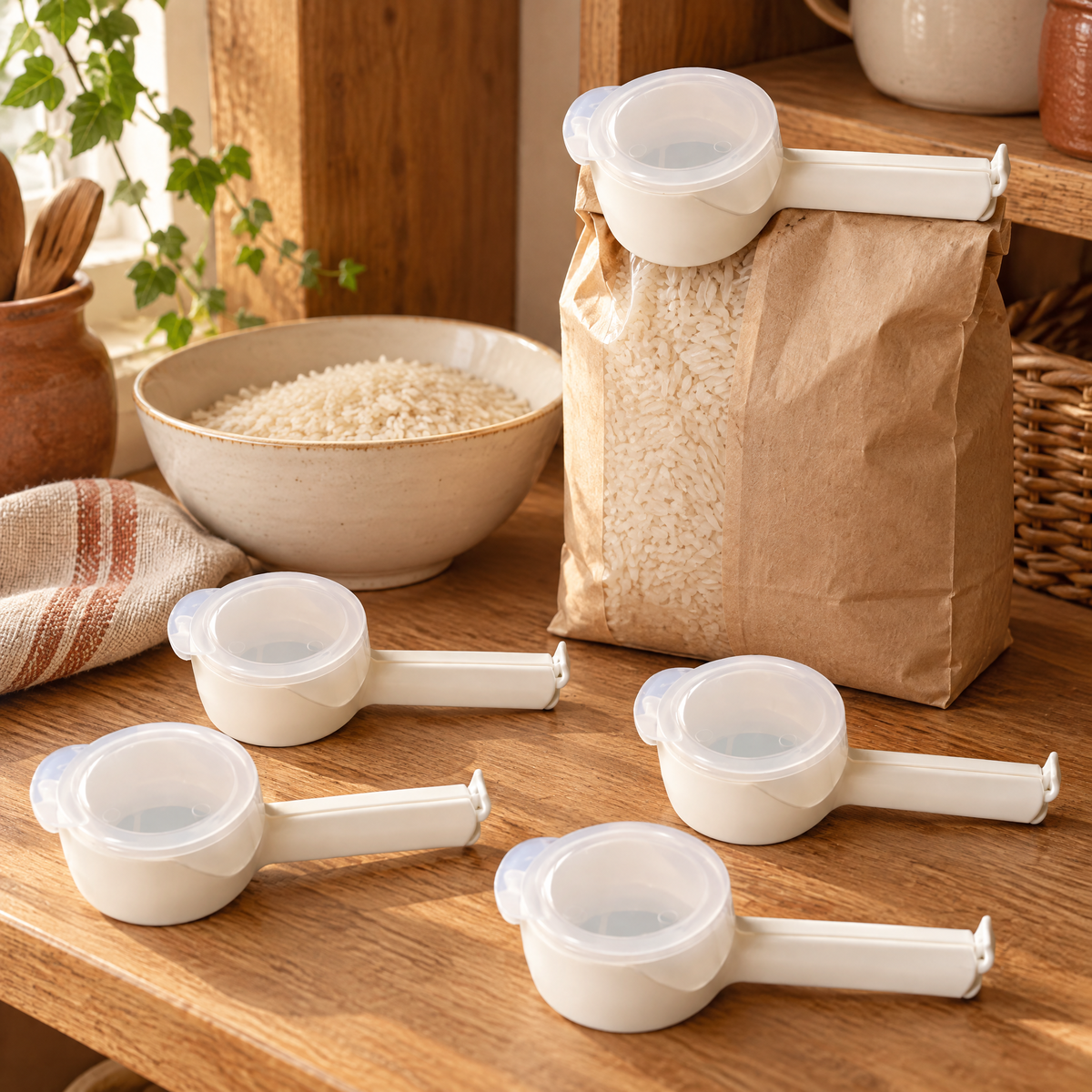 Tidy Pouring Clip Set story: One Tidy clip closing a plain rice bag while the four remaining clips wait nearby