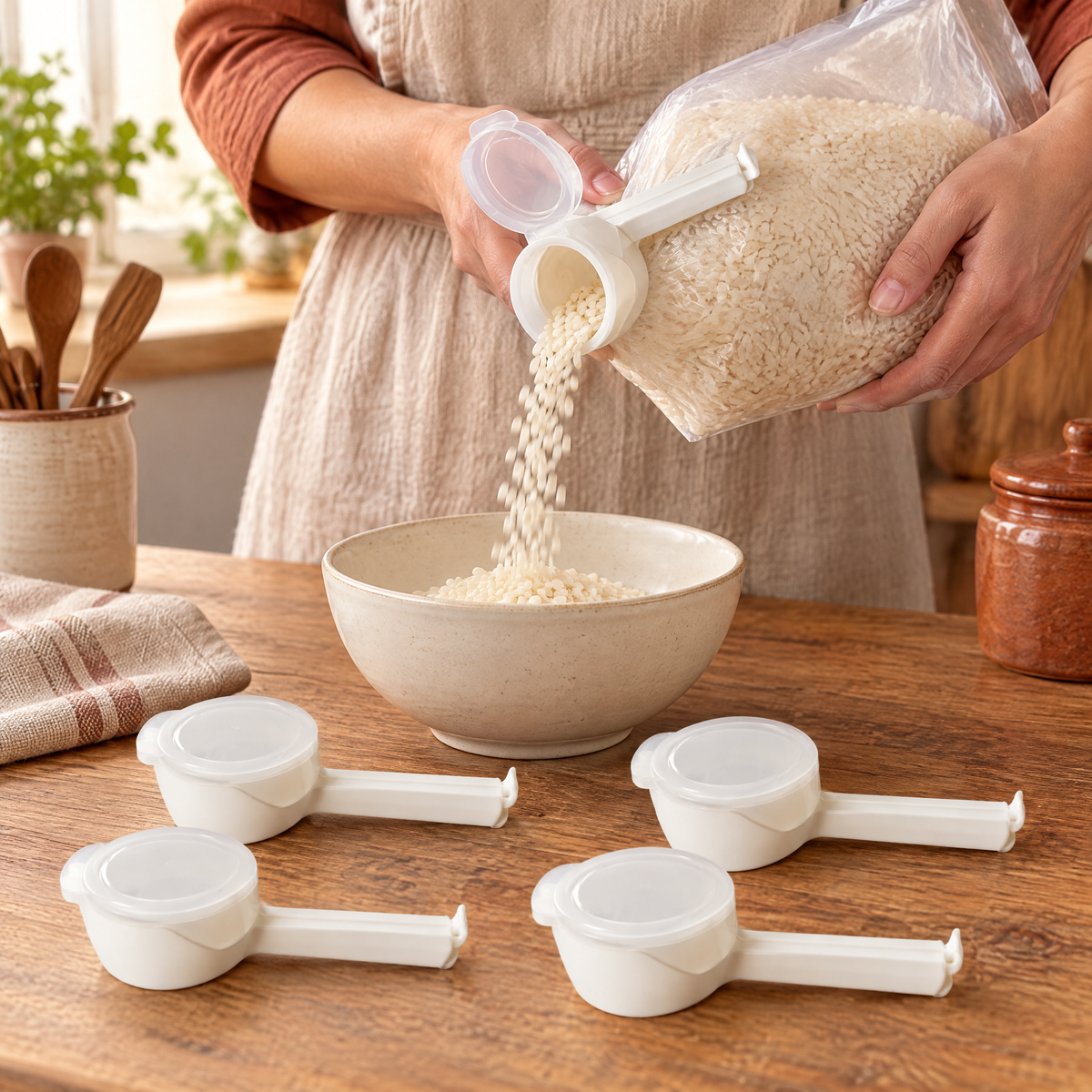 Tidy Pouring Clip Set use: Dry rice pouring through one Tidy clip into a bowl, with four unused clips beside it