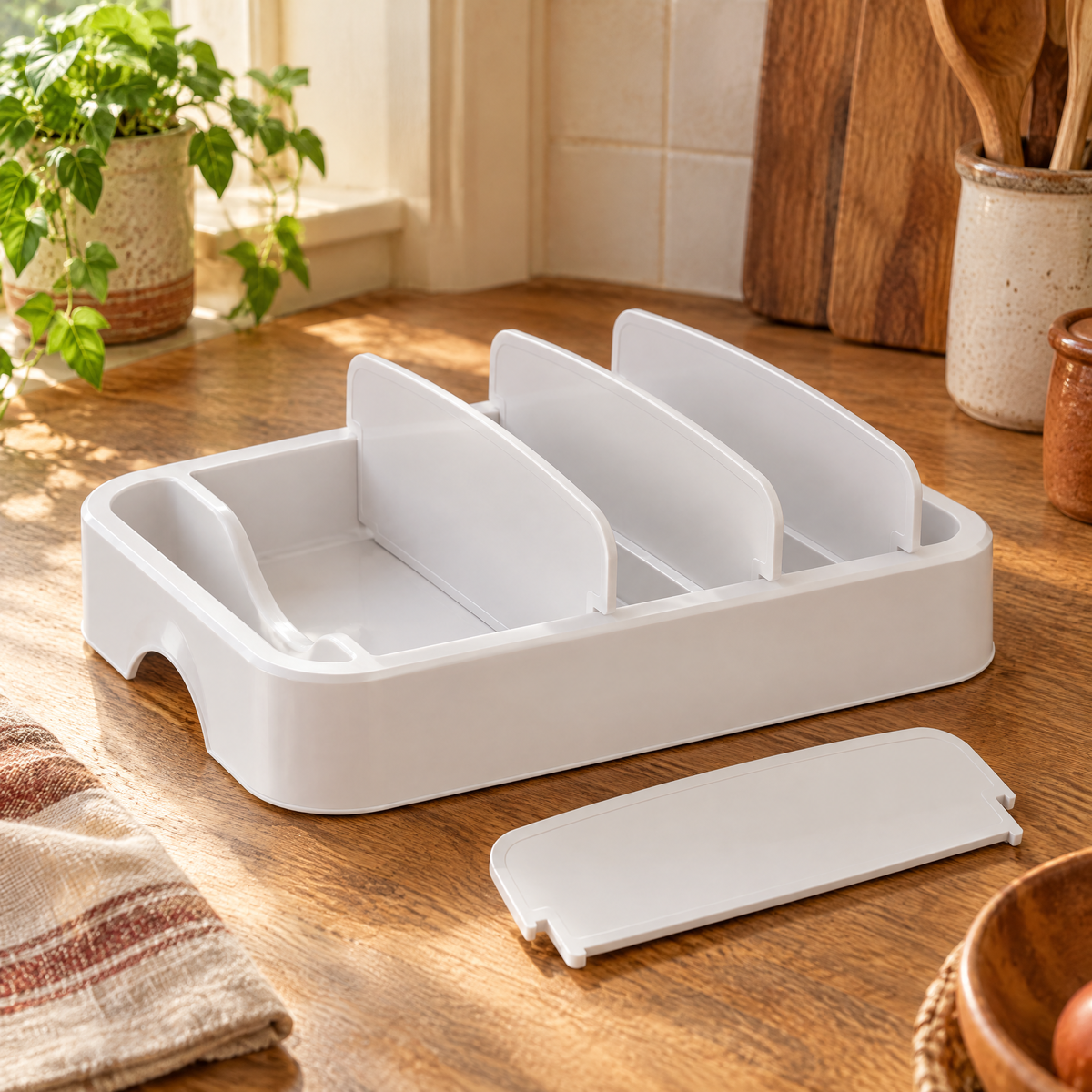 Together Lid Organizer detail: The removable fourth divider beside Together’s white organizer base