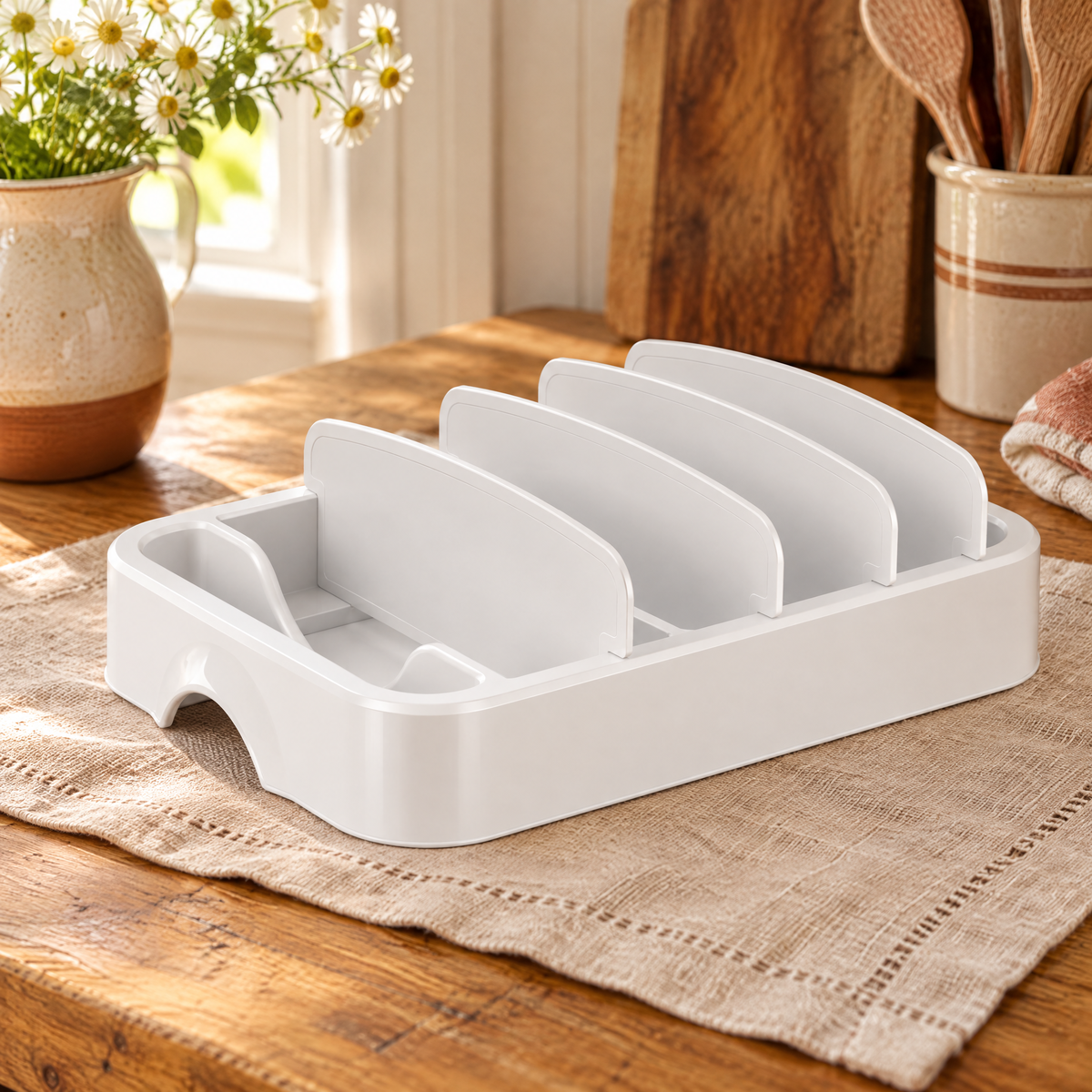 Together Lid Organizer hero: White Together lid organizer with one shallow base and four upright divider plates