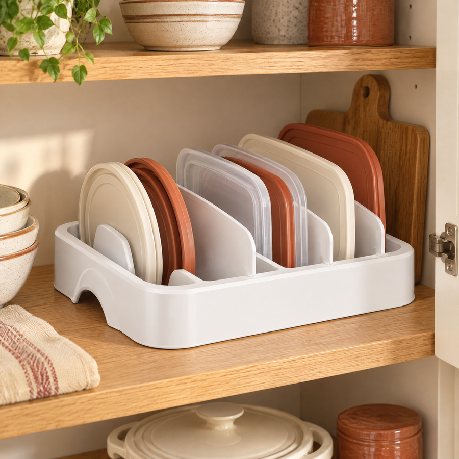 Together keeping a modest mix of food-container lids upright in a kitchen cabinet