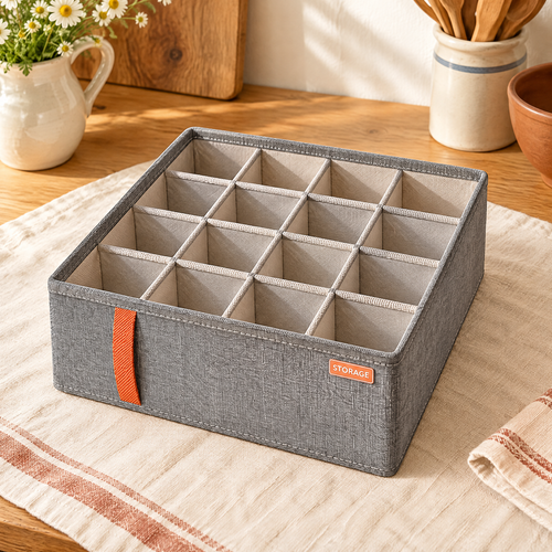 Tuck Twenty-Cell Drawer Organiser hero: Tuck light-grey organiser with a four-by-five twenty-cell grid