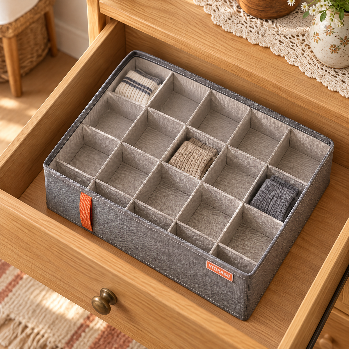 Tuck twenty-cell grid in a measured drawer