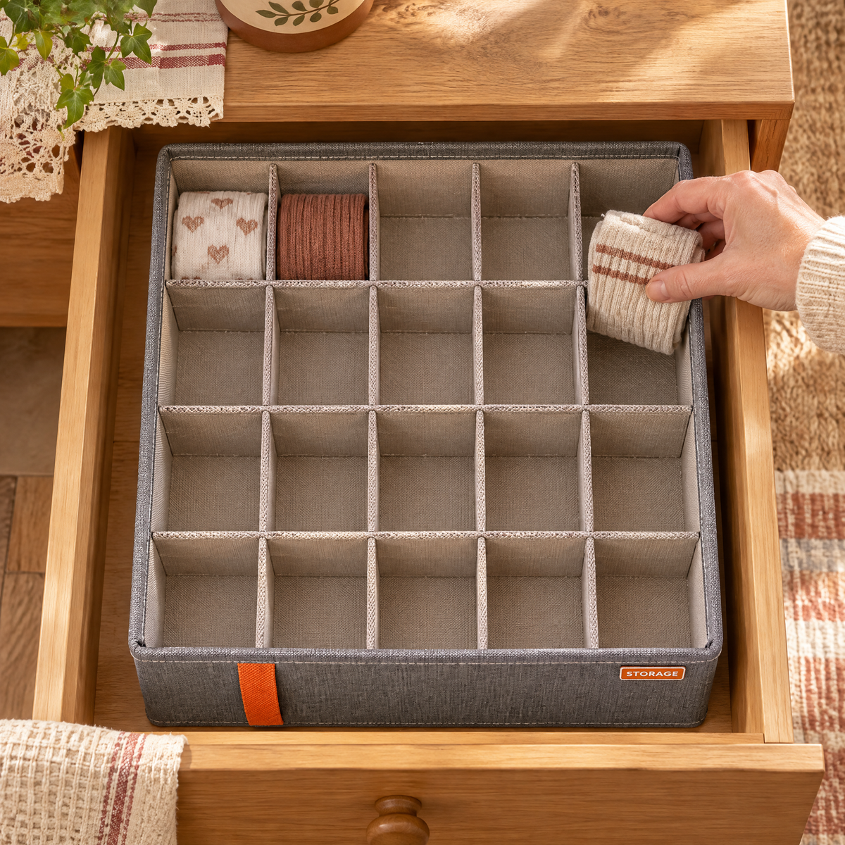 Tuck Twenty-Cell Drawer Organiser use: A folded sock pair placed in one Tuck cell