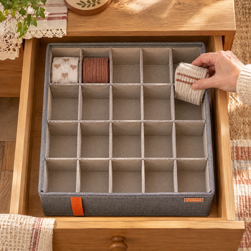 Tuck Twenty-Cell Drawer Organiser use: A folded sock pair placed in one Tuck cell