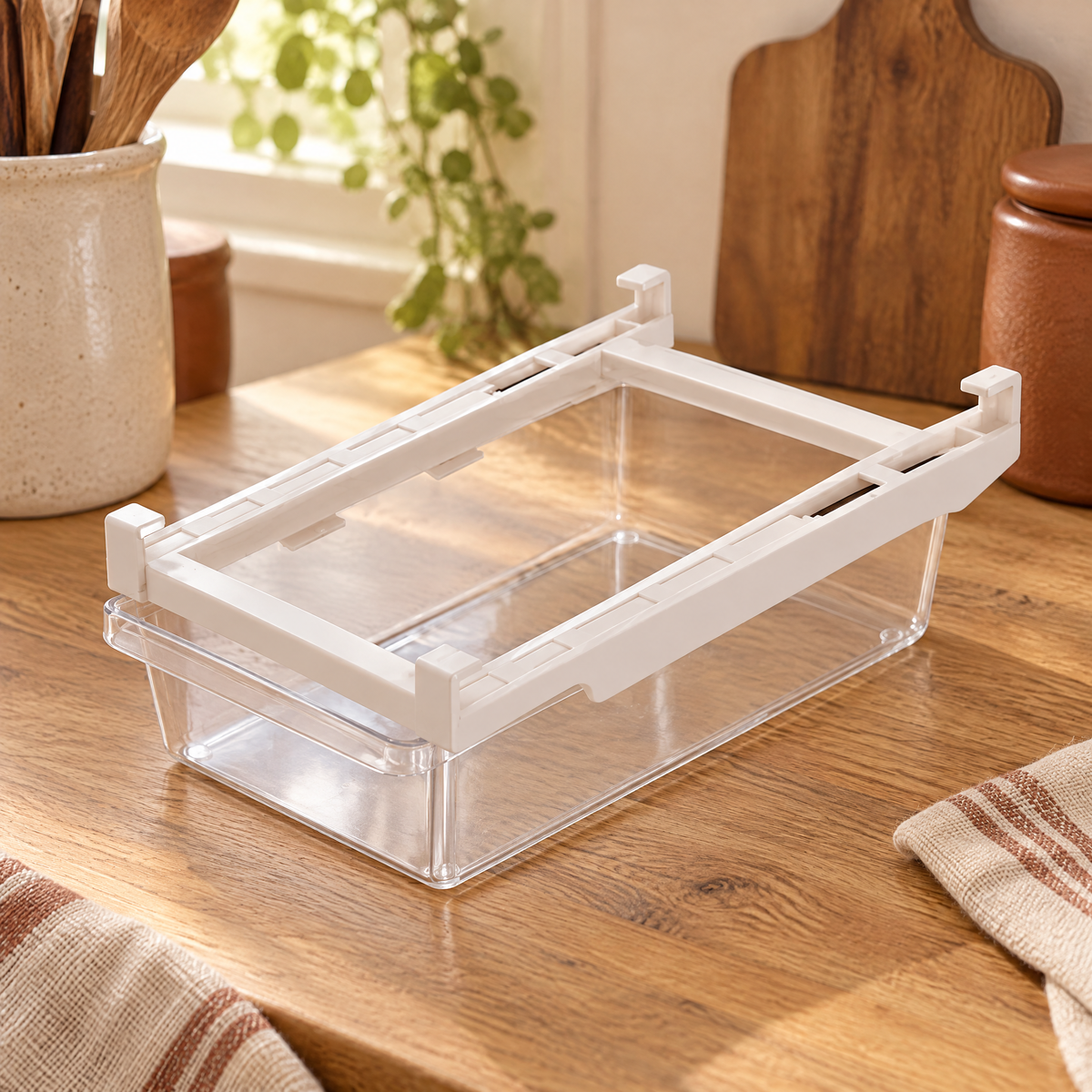 Tuck Under-Shelf Produce Drawer detail: Whole Tuck assembly showing rails and slightly open clear drawer