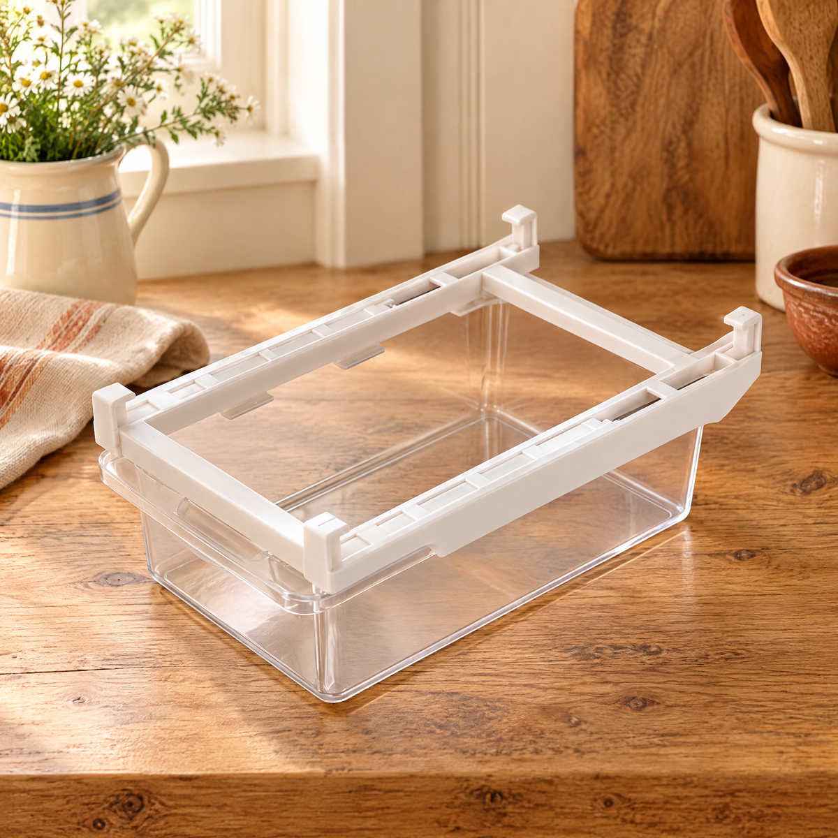 Tuck Under-Shelf Produce Drawer hero: Complete empty Tuck clear produce drawer in white support frame