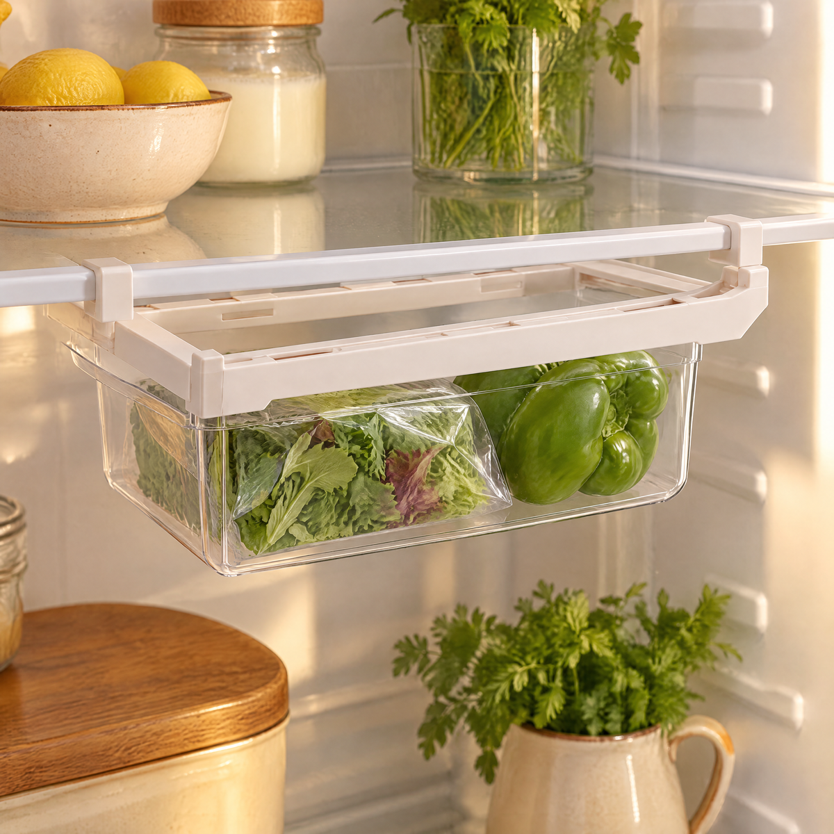 Tuck Under-Shelf Produce Drawer story: Tuck small drawer mounted beneath a compatible fridge shelf with example produce
