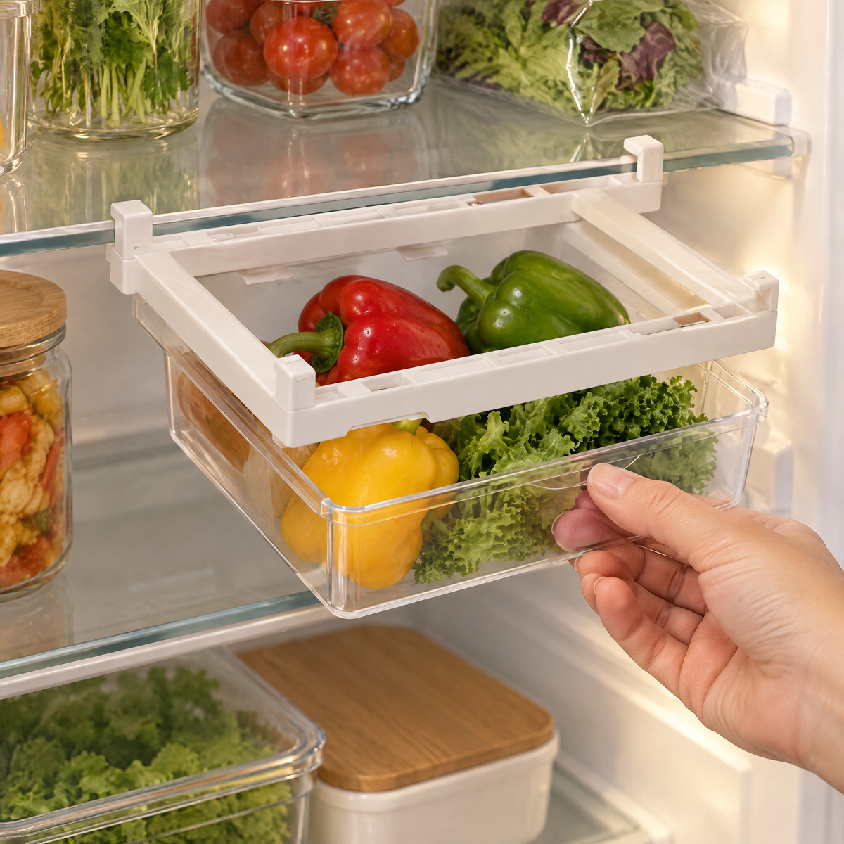 Tuck Under-Shelf Produce Drawer use: One hand gently pulling the Tuck drawer on its white shelf frame