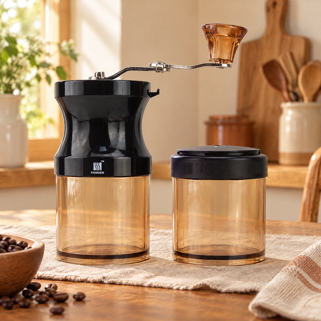 Turn Manual Coffee Grinder Set hero: Turn Manual Coffee Grinder Set: whole grinder with one additional jar