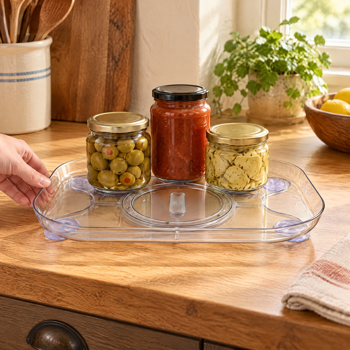 Turn Rectangular Fridge Organiser use: Hand lightly touching rim with three jars fully supported