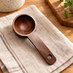 Walnut Wooden Coffee Scoop detail: Walnut Wooden Coffee Scoop: round bowl and wooden grain